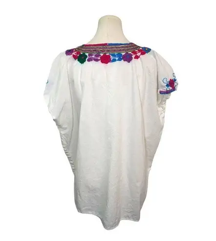 Handmade Women’s White Cotton Shirt with Colorful Embroidery Flowers. No Size