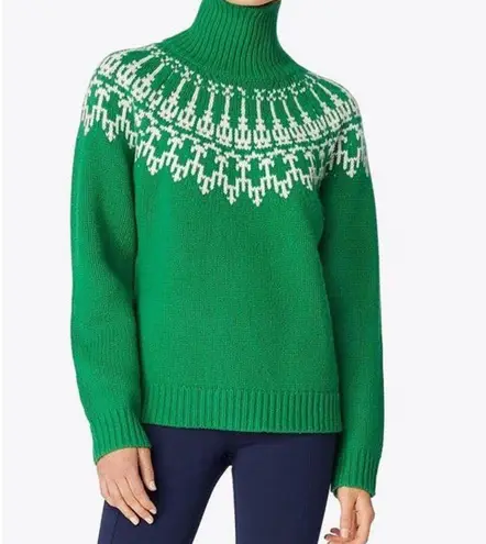 Tory Burch Tory Sport Merino Wool Fair Isle Sweater LARGE Green Turtleneck Thick Knit White