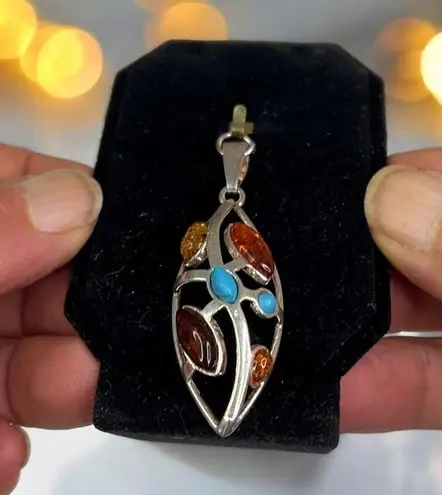 Galmorous Women's Silver Pendant With Multiple Baltic Amber Colored Stones Orange