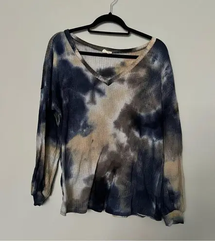 The Comfy BiBi Navy Blue Tan White Tie Dye Waffle Knit Long Sleeve Top Size L - Image 1