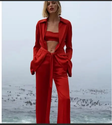 ZARA STUDIO LIMITED EDITION SATIN RED BELTED BLAZER JACKET