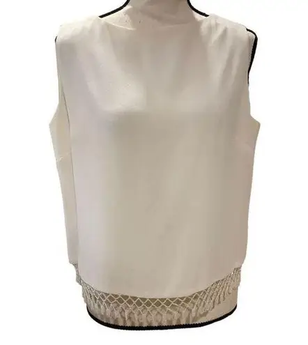 Vintage 80s 90s White Silk? High Neck Top Beaded Open Weave Hem Women Medium