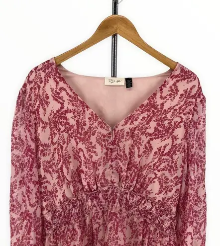 RD Style Pink Print Sheer Long Sleeve Smocked Waist Mini Dress size Large