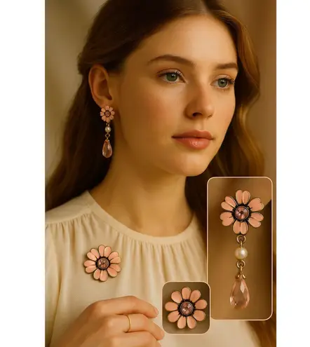 Vintage Pink Flower Drop Earrings with Rhinestones + Matching Floral Pin Set