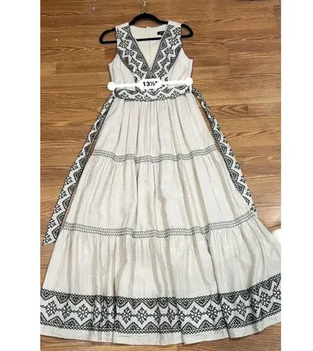 PatBO Sleeveless Linen Tan and Black Embroidery Maxi Sun Dress sz 6