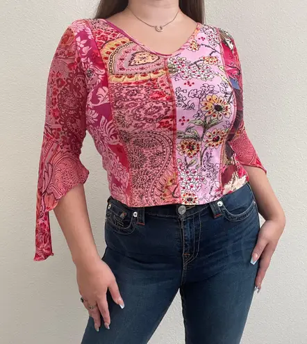 Forbidden Vintage Y2K Pink Beaded Patchwork Japanese Blossom Quarter Sleeve Top