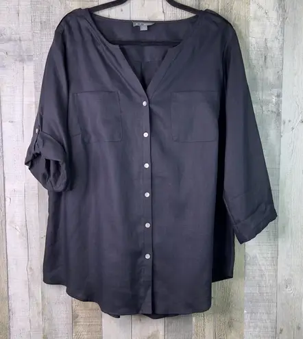 Go Silk Shirt 1X 100% Linen Button Front 3/4 Tabbed Sleeves Button Cuff PocketS Black - Image 1