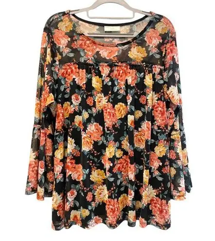 Bobbie & Brooks Bobbie Brooks Bell Sleeve Floral Roses Print Lined Peasant Top Black Size Large