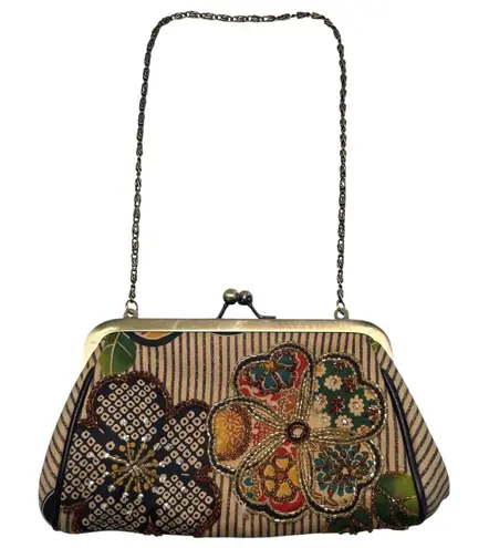 Isabella Fiore Floral Beaded Embellished Chain Strap Kisslock Bag Purse Tan