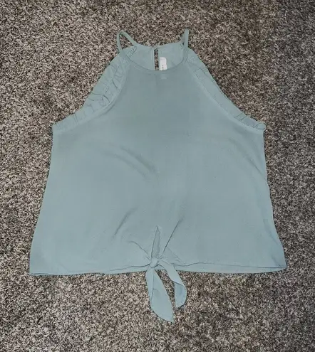 Size Medium Mine Sage Green Halter Top | Boho Ruffle Trim Tie