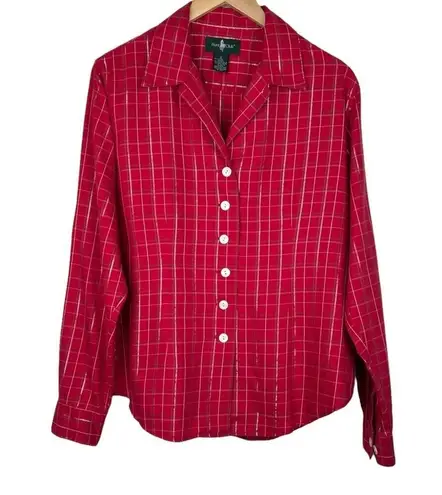 Hunt Club blouse women's 12 red plaid button front lurex long sleeve shirt