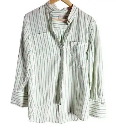 Zeus and Dione White Green Striped Cotton Silk Button Up Blouse Shirt Size M Size M