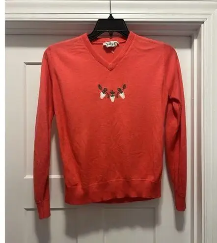 Vintage V Neck Pullover Embroidered Strawberry Sweater Cottagecore Women Medium Pink