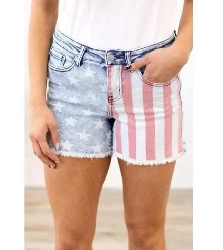 Judy Blue American USA Flag Denim Raw Hem Stretch Jean Shorts Patriotic Size 1XL