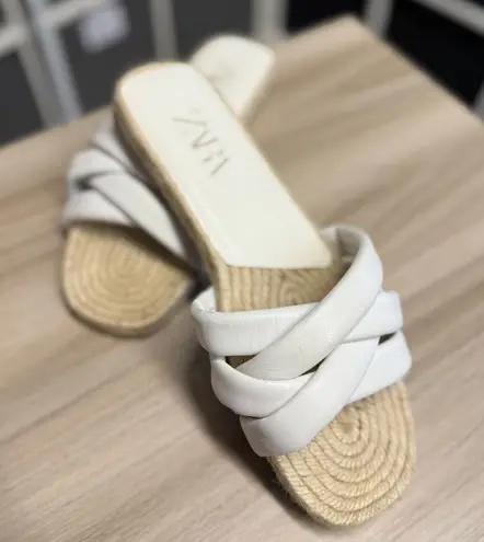 ZARA  Women's White Criss Cross Leather and Jute Slides Sandals thumbnail 1