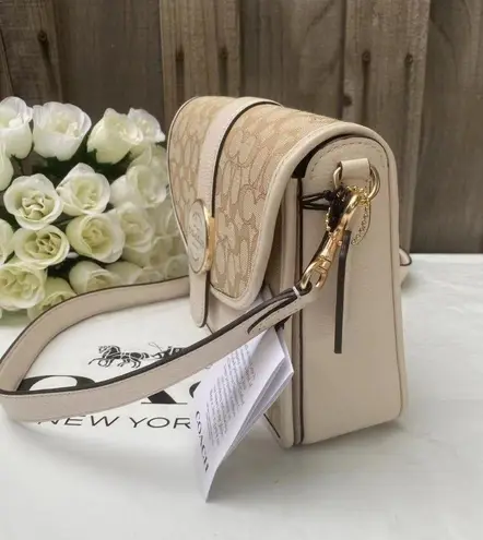 Coach  LONNIE Crossbody Khaki Signature Jacquard Chalk Leather C8307 NWT $398