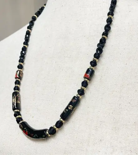 Vintage Black Floral Ceramic Bead Cord Necklace Witchy Goth Romantic