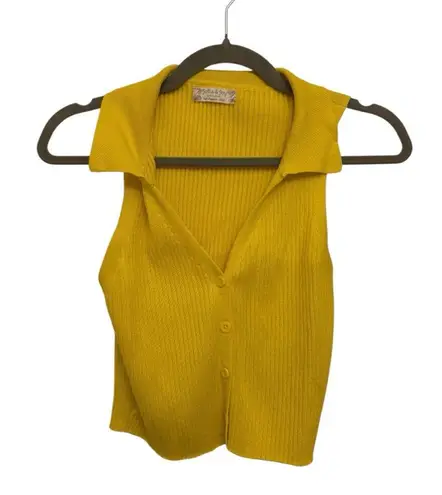 Y2K Style Yellow Ribbed Cropped Sleeveless Polo – Size Large, Preppy Tennis