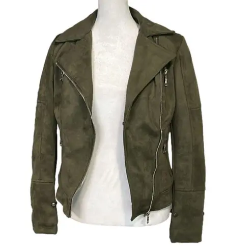 Molly Bracken NWOT - olive green suede feel moto coat w/ removable faux fur - XS