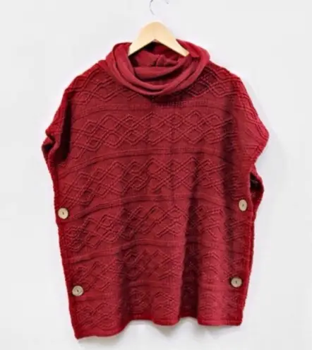 Nadia Rima NWT Cozy Red Cowl Neck Side Button Cable Knit Poncho