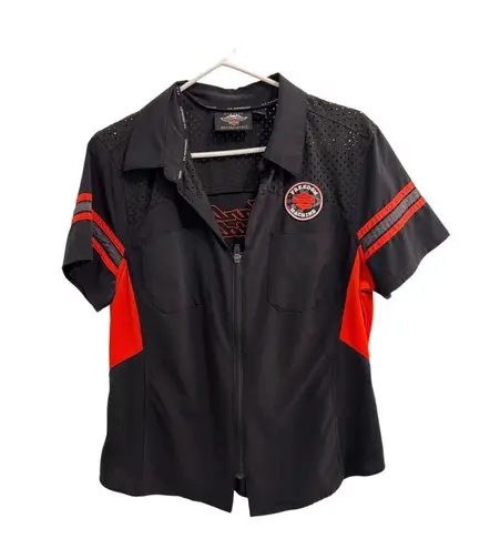 Black And Orange HarleyDavidson Patch Zipper Perforated Collared Zip Up Shirt L Size L