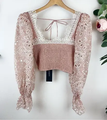 Elliatt NWT Stippling Long Sleeve Smocked Eyelet Lace Top in Blush Size S