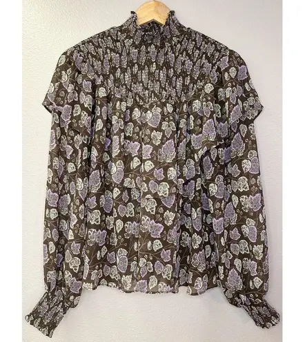 NWT Cinq a Sept Drew Leaf Print Smocked Ruffled Blouse Top Cacao Multi Brown Size M thumbnail 3