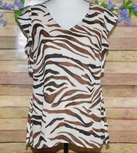 CAbi Ladies Brown Animal Tiger Print V-Neck Cap Sleeve Blouse Top Size S Light