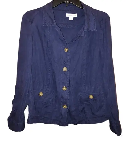 Coldwater Creek Linen Utility Button Down Shirt Jacket Navy Blue 4-6