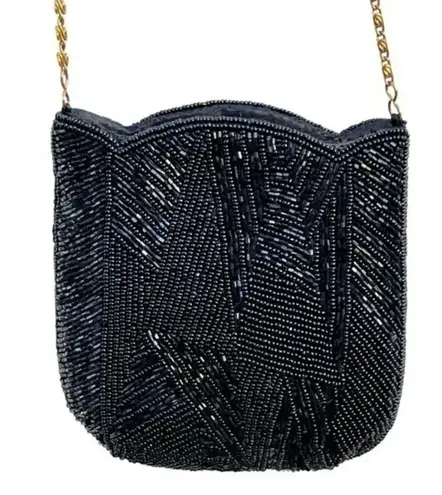 Beaded Evening Bag Purse Tulip Edge Long Goldtone Chain Prom Wedding Fl… Black