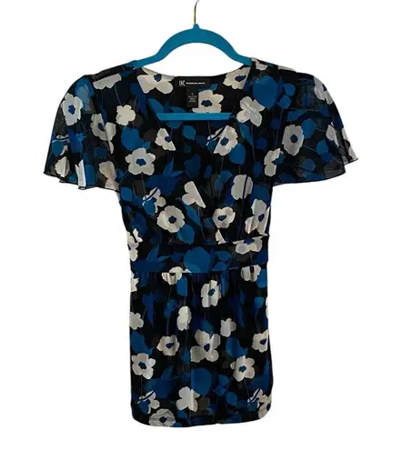 Vintage Y2k INC Floral Blue & Black Women's Mesh tie back Flutter sleeve Top