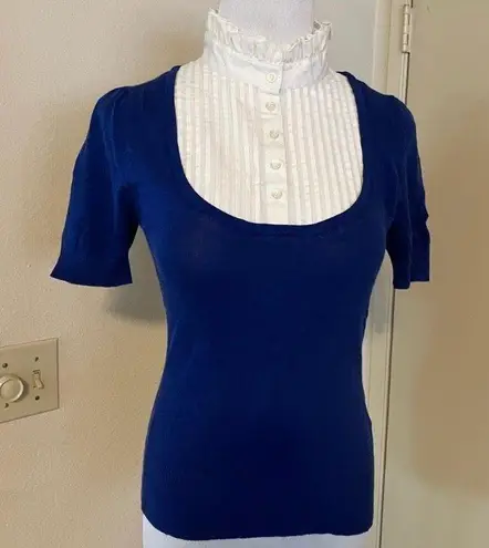 Japanese LISSEO Short Sleeve Knit Top Shirt With Mock Collar Blue&White Multiple