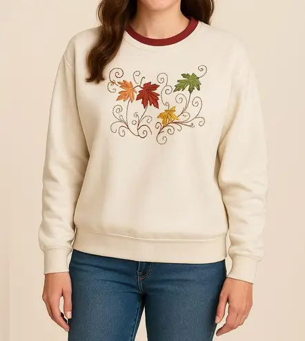 🍂 Cozy Fall Multicolor Leaf Embroidered Sweatshirt with Bead Embellishments 🍁 L White Size L
