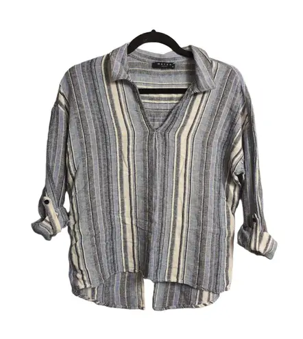 Maven West Blue White Grey Striped Collar V-Neck Roll Tab Split Hem Pullover M