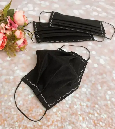 100% Premium Cotton Solid Black With White Scalloped Stitches/embroidery Face Mask