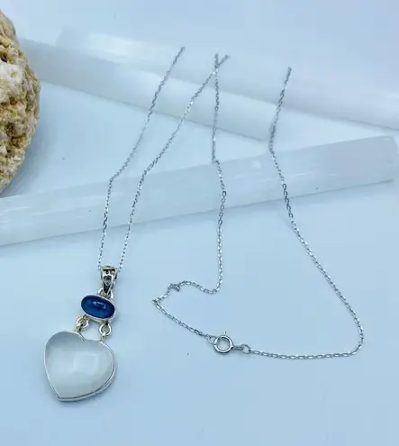 Selenite Divine Light & Kyanite Heart Sterling Silver Pendant Necklace