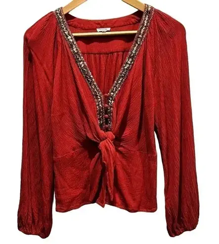 En Crème Burnt Red Front Tie Blouse Beaded Collar Size Medium