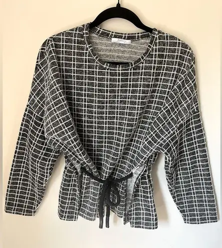 ZARA  Basic Plaid Tie Boxy Long Sleeve Black White Top Crew Neck sz M