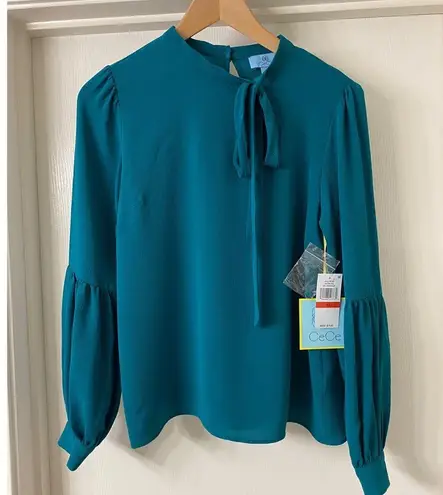 CeCe Tie Neck Blouse in Vivid Teal XS Long Sleeves