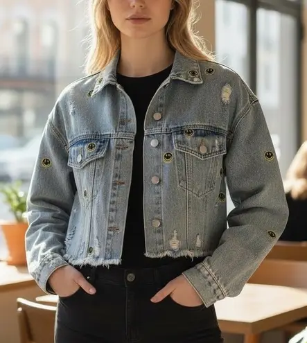 Cloud Ten Women's Size M Smiley Face Patch Cropped Denim Jean Jacket Grunge