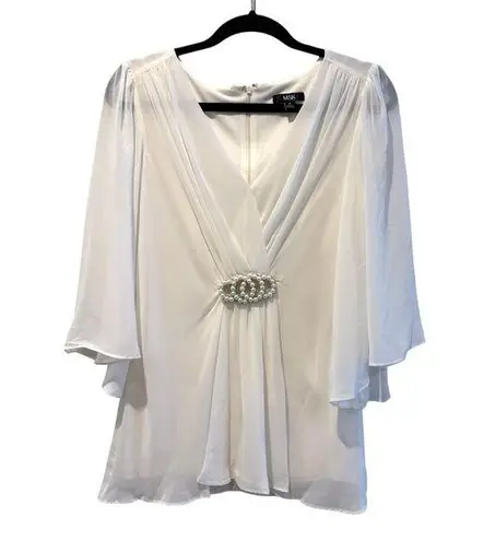MSK Evening Off White Top Beaded V Neck Chiffon Layered Flared Sleeves Medium