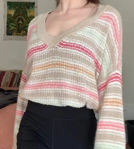 American Eagle Beige Striped V Neck Sweater