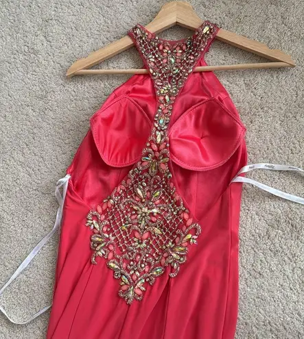 Tiffany Designs Flourished Halter Long Evening Gown 46025 - Watermelon - 6