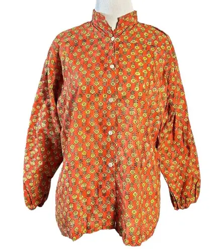 Mod’s Mahal Indian Cotton Block Print Retro 70s Button Down Shirt Size Large Orange