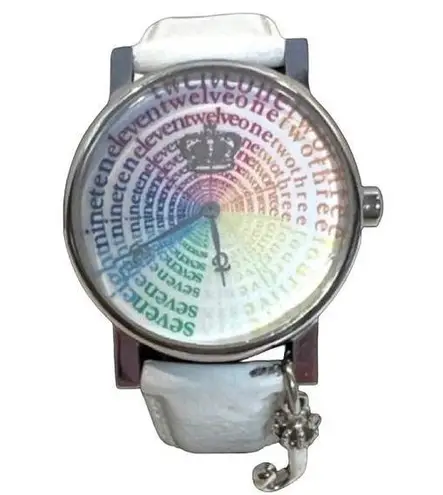 Juicy Couture  Watch Rainbow Number Face Silver “J” Charm White Leather Strap