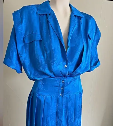 Vintage Blue  embossed satin feel pleated retro 80s maxi dress