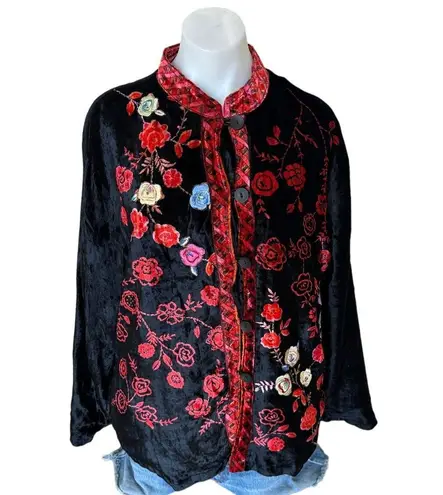 White Stag Chinese Embroidered Black Velvet Jacket LARGE Art to Wear Lagenlook