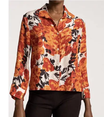 Frances Valentine Harriet Red Silk Blouse Women's Size Small Floral Button Front