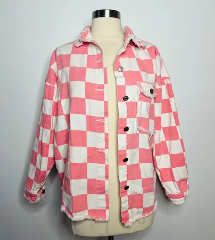 Boutique Pink & White Checkered Denim Jacket