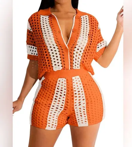 Crochet Knit Mesh Shorts Set Orange Size L